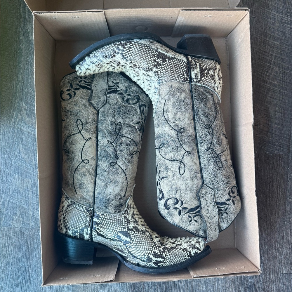 Circle G Khaki Snakeskin Cowboy Boots Exotic Western Size 8 Pointed Toe Leather - Picture 2 of 7